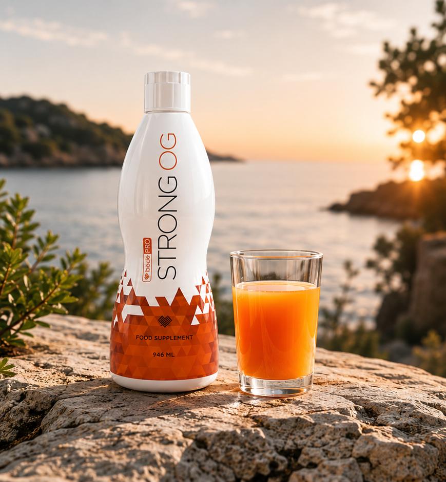 STRONG OG — flüssiges Nahrungsergänzungsmittel bei Sonnenuntergang am Meer